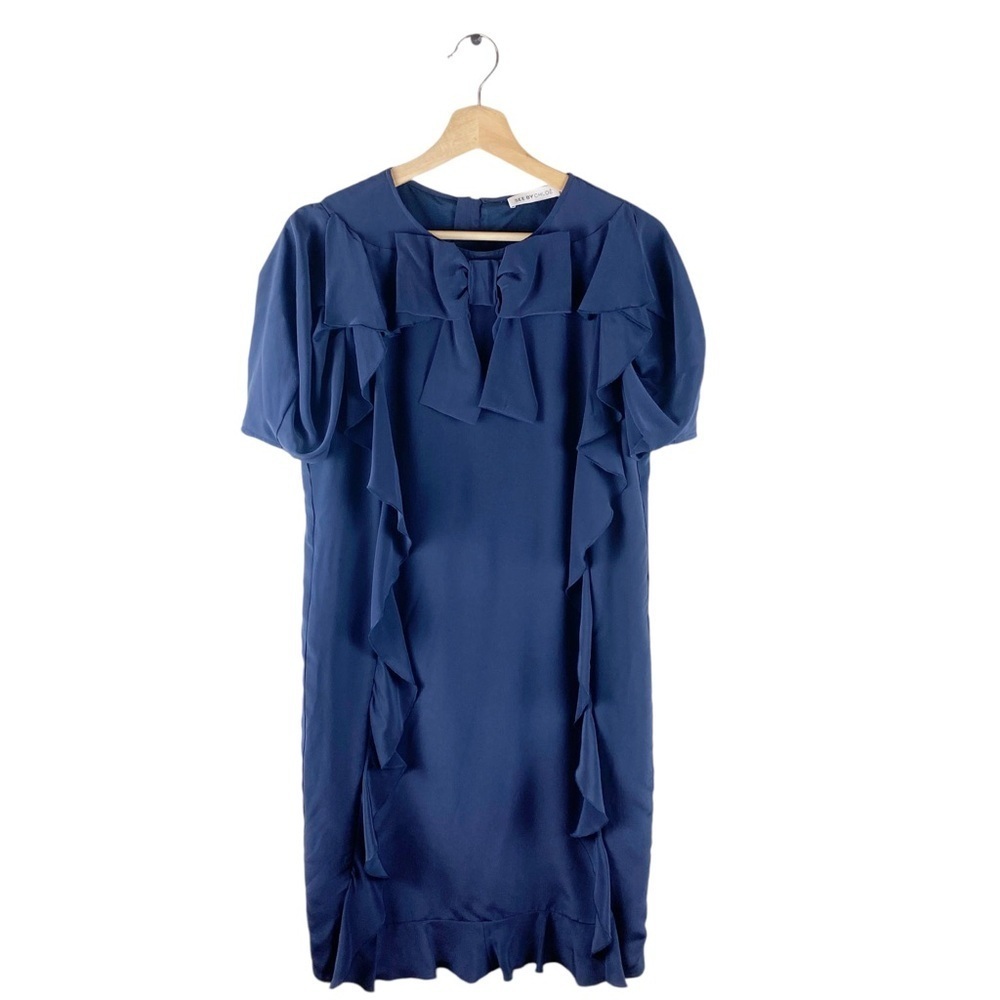 See By Chloe Navy Silk Bow Detail Ruffle Dress Size 10
